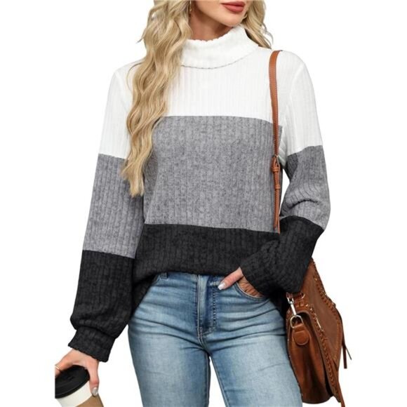 Oversized Boho Color Block Turtleneck Sweater | Cozy Fall Tunic Top for Women - Picture 1 of 5